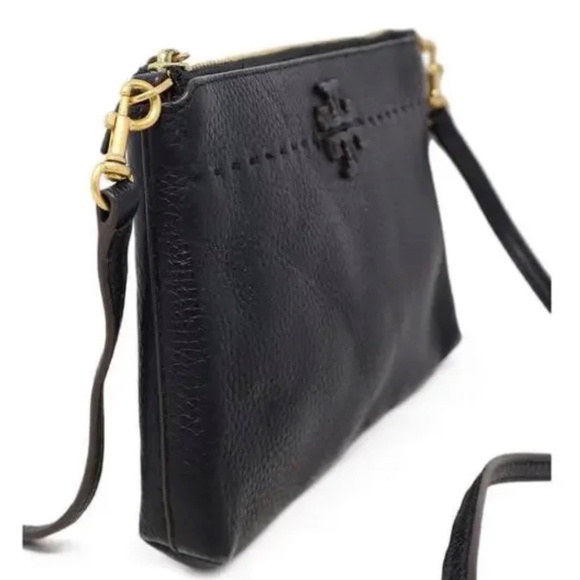 Tory Burch Womens Leather Logo Embellished Flat Small Crossbody Handbag Black - Picture 3 of 12